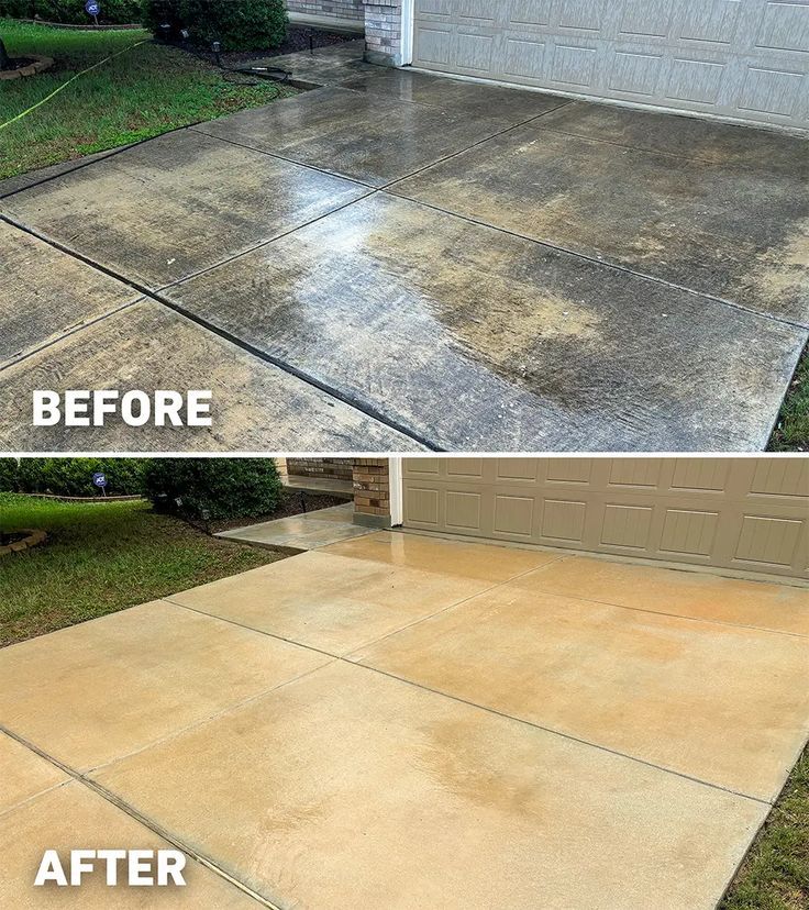 Concrete driveway before and after pressure washing